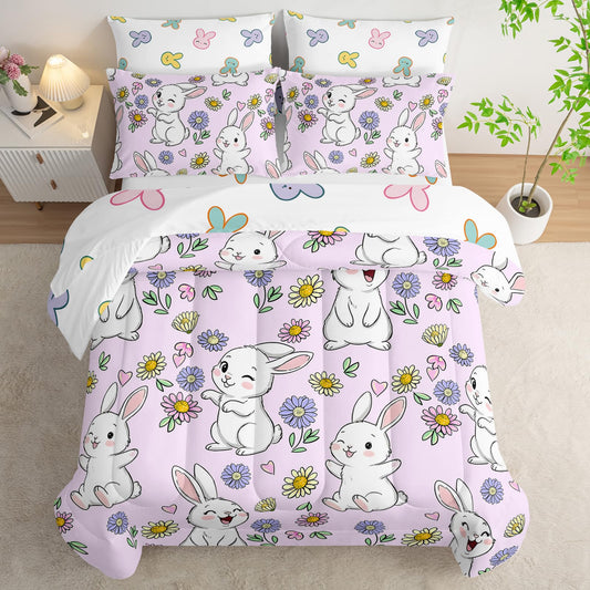 AILONEN Floral Rabbit Comforter Set Twin Size,7-Piece Soft Bed in a Bag, Cute Bunny Kawaii Comforter & Fitted Sheet & Flat Sheet & 2 Pillowcases,2 Pillow Shams