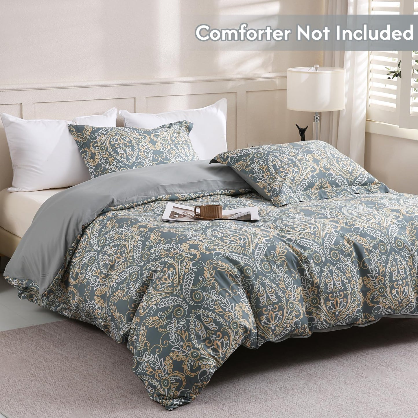 LONAVA Queen Paisley 3 Pcs Duvet Cover Set, Breathable Soft Microfiber Grey Lining Comforter Cover with Zipper Closure, and 2 Anti-Pilling, Fade Resistant Pillowcases, Green Pasliey