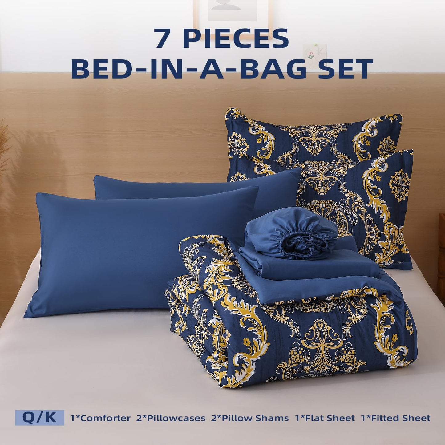 WONGS BEDDING Blue Gold Comforter Set Queen Size,Damask Texture 7 Pieces Bed in a Bag Microfiber Comforter Bedding Sets -1 Comforter, 1 Flat Sheet, 1 Fitted Sheet, 2 Pillow Shams, 2 Pillowcases