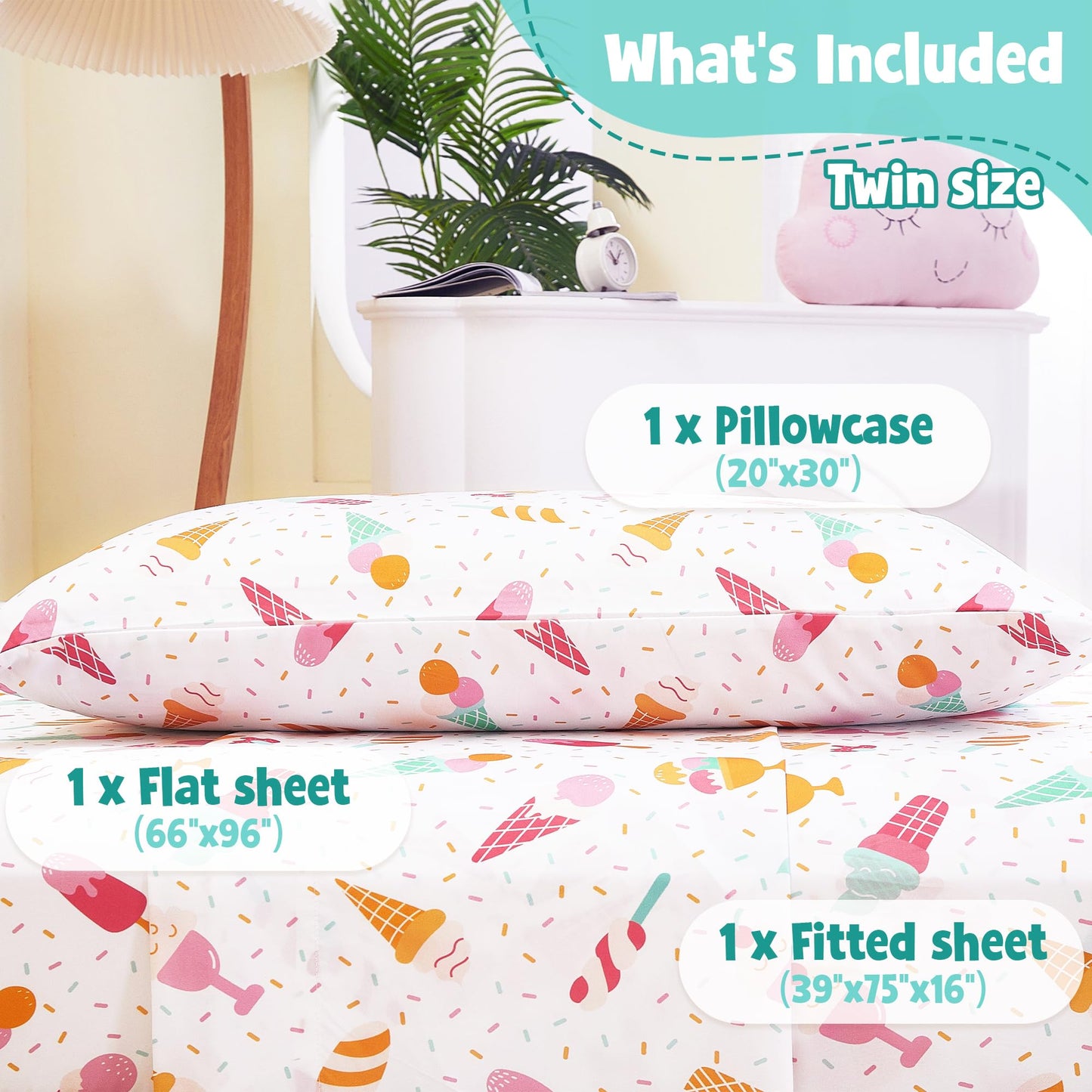 CozySmile Twin Sheet Set Kids,3 Pieces Breathable Soft Microfiber Bedsheets for Child Girls, Oeko-TEX, Anti Pilling Deep Pockets Easy Care Bed Sheets, Ice crea