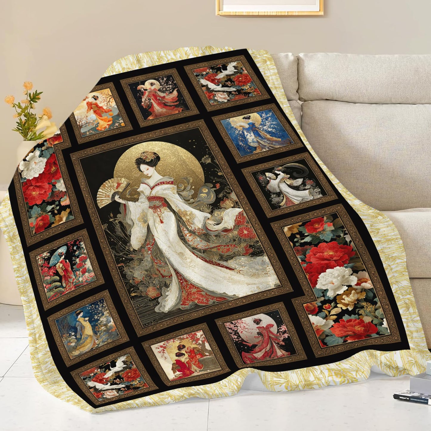 Japanese Gifts for Women, Japan Geisha Girls Flannel Throw Blanket, Cozy Fleece Soft Stuff Blankets Gift for Girls Couch Sofa Bed 50" x 40"