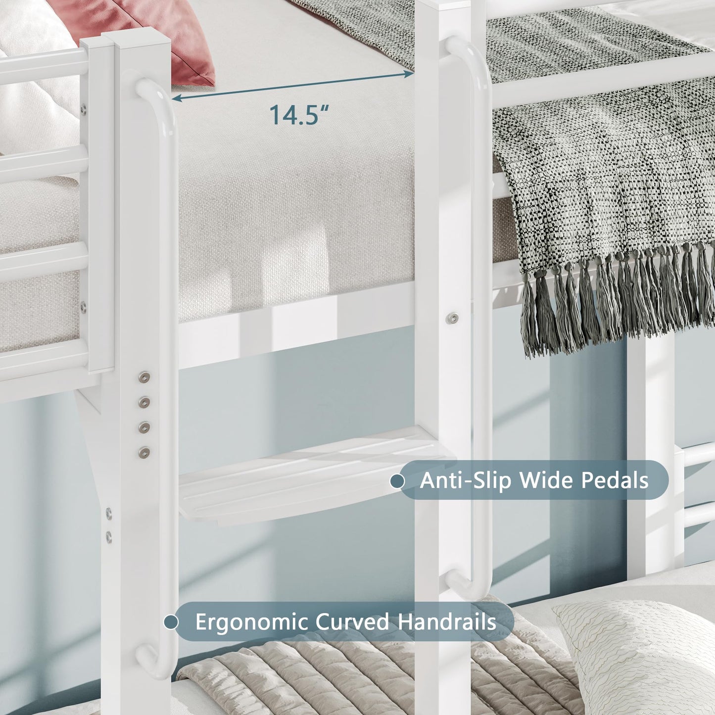 Einhomn Curved Metal Bunk Bed Twin Over Twin, Heavy Duty Bunkbeds with Safety Guardrails, Ladder with Built-in Handrails & Wide Steps, Space-Saving Design for Kids, Teens & Adults