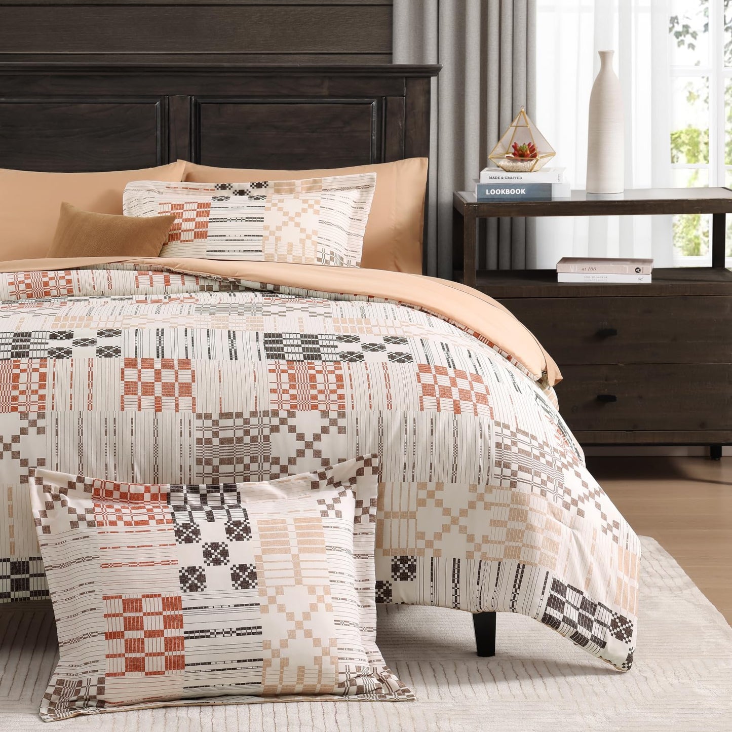MaiRêve Queen Comforter Set, Classic Plaid Farmhouse Bedding Sets 7 Pieces, Beige All Season Bed in A Bag with Sheets, Pillowcases & Shams