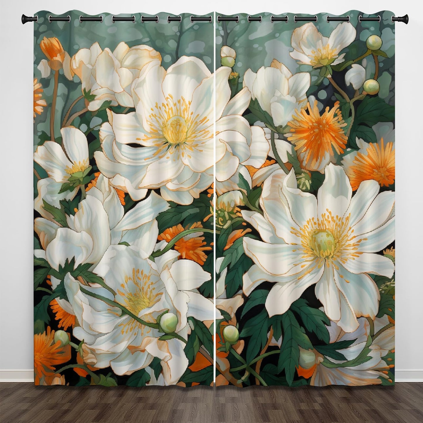 Abstract Elegant Flowers Blackout Curtains, Green Leaf Background 3D Print Pattern Curtain, 2 Panels Thermal Insulated Top Grommet Darkening Drapes for Living Room Bedroom(84" W x 84 "L)