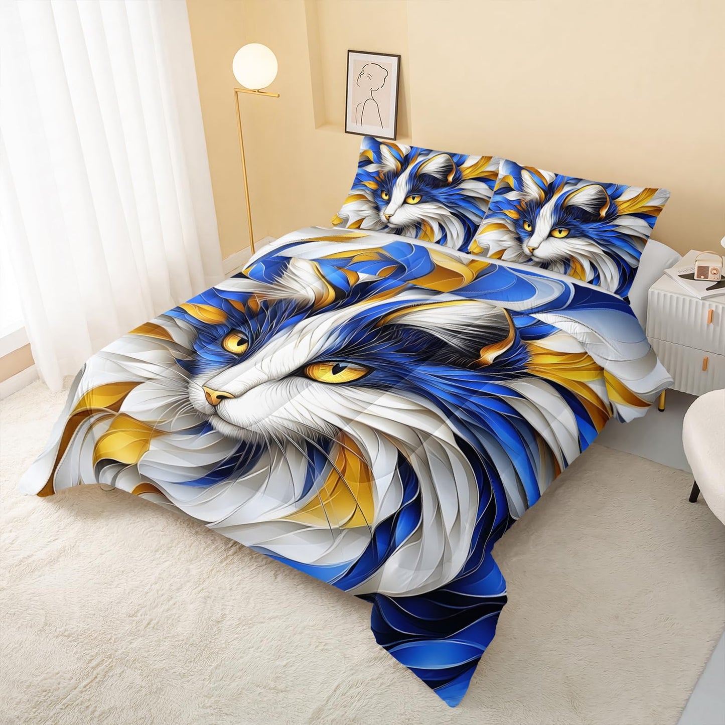 QOOMO Cartoon Cat Kids Bedding Set,Cute Animal Print Comforter Set for Boys Girls Teen Room Decorat,Soft Lightweight Bed Set All Season Queen Size,1 Comforter Set 2 Pillowcases