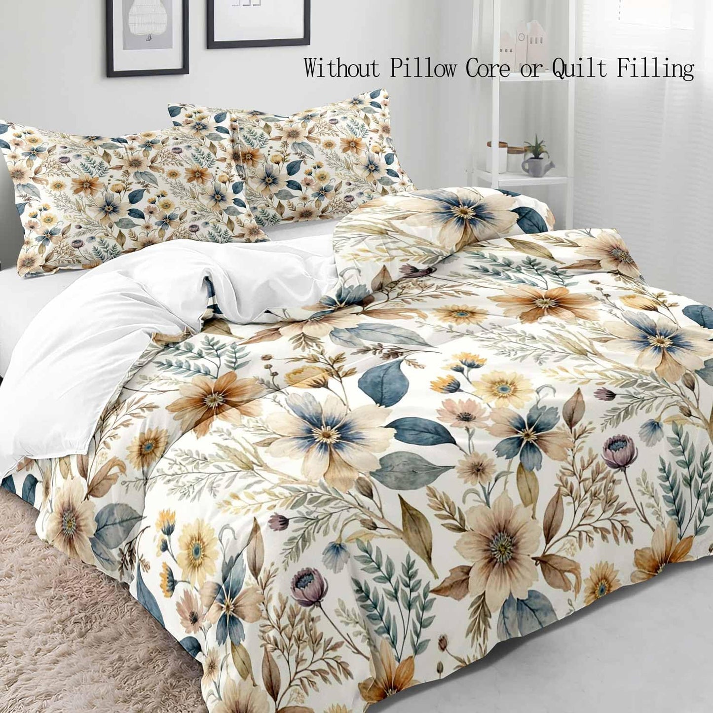 LUVIVIHOME 3PCS Boho Floral Duvet Cover King Bedding Set, Country Rustic Farmhouse Beige Bedding, Vintage Blue Indigo Leaves Plant Botanical Wildflower Champagne Flower Comforter Cover, 2 Pillow Cases