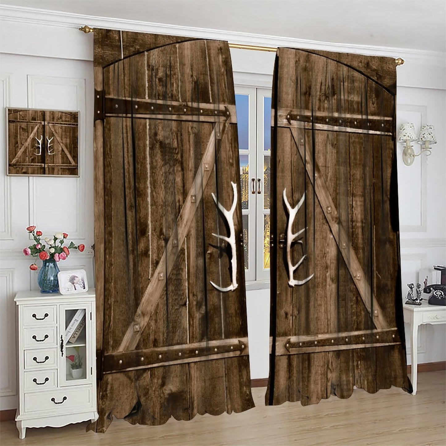 Rustic Window Curtains, Old Barn Door Wooden Board for Living Room Bedroom Kitchen, Rural Hardwood Farmhouse Western Retro Drapes Set 2 Panels,42x45 Inches