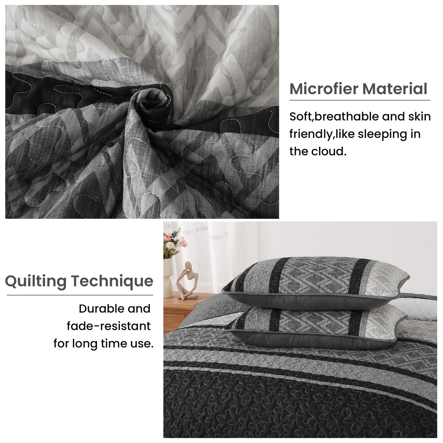 Dinjoy Queen Quilt Set Dark Grey,Striped Bedspread Queen Size, Fall Bedding Sets 3 Pieces Micofiber Lightweight Mens Quilts with 2 Pillow Shams Black Gray Coverlet Bed Sets for Family 96''x90''
