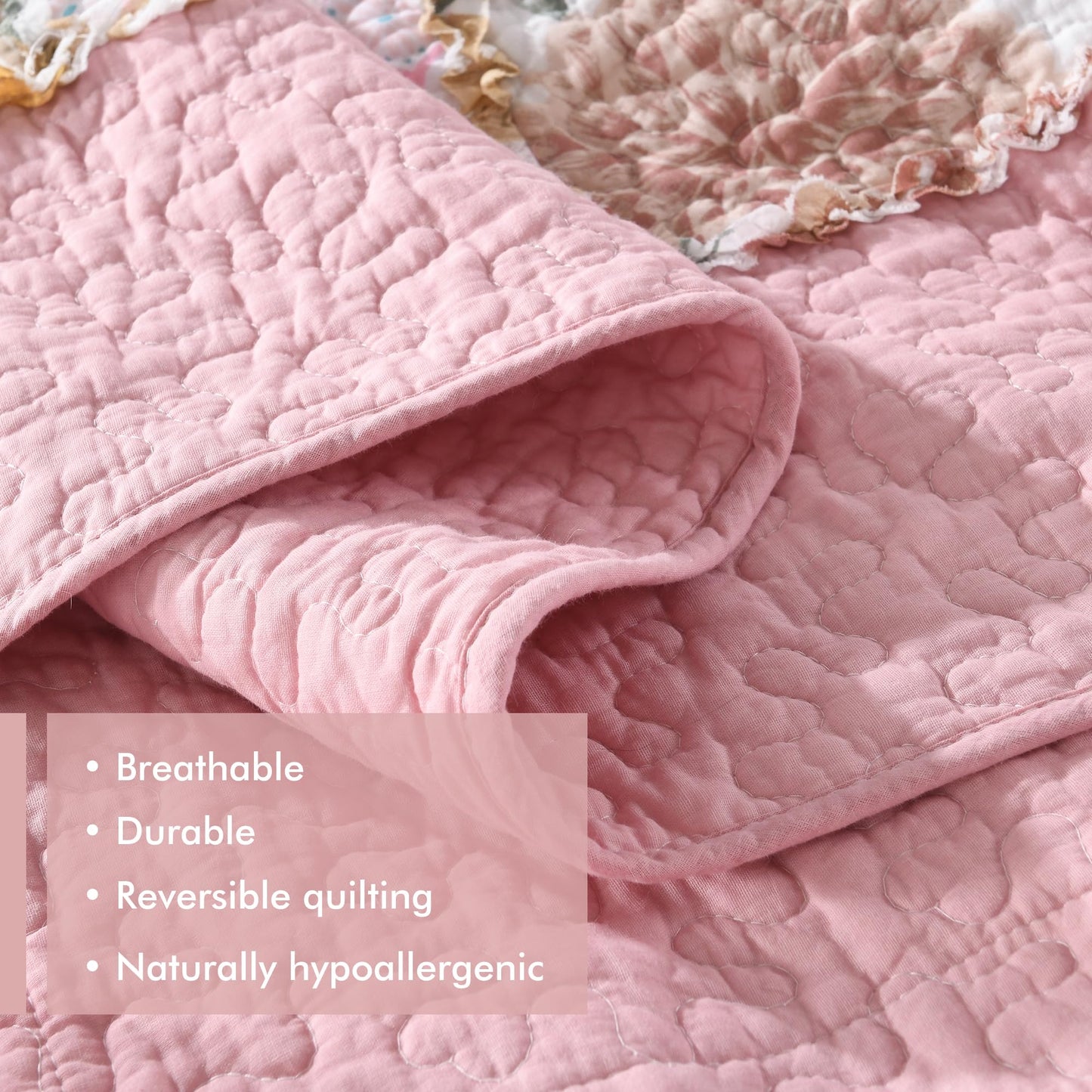 Etwel 100% Cotton Patchwork Queen Size Quilt Set - Lightweight Breathable Reversible Bedspread for Hot Sleepers, Farmhouse Bedding Set with 2 Pillow Shams for All Season (90"x90", Pink Floral Plaid)