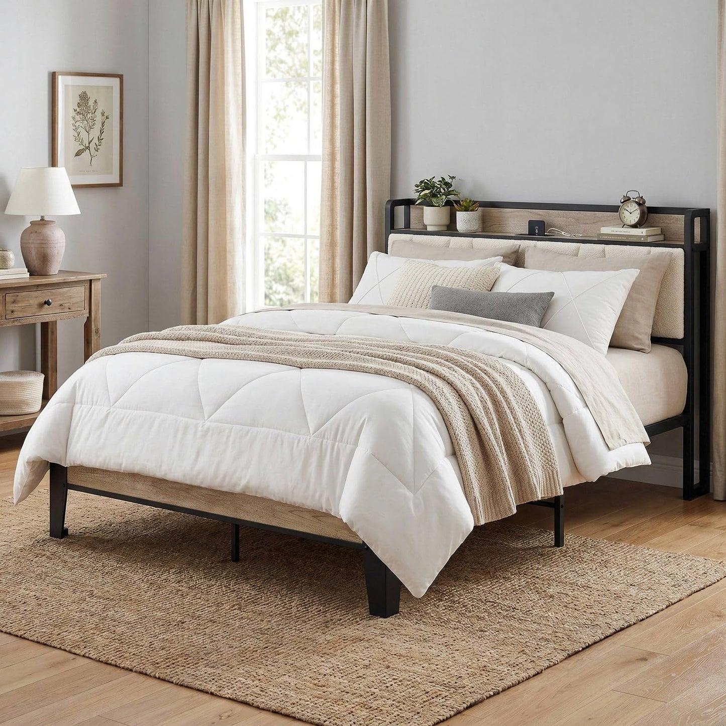 LIKIMIO Full Bed Frames, Bouclé Storage Headboard with Charging Station, Solid and Stable, Noise Free, No Box Spring Needed, Easy Assembly
