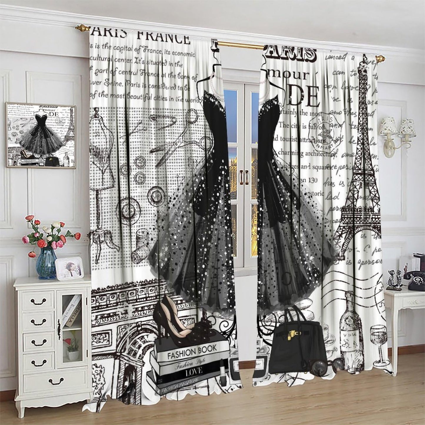 Fashion Curtains Eiffel Tower Black Skirt High Heels Pattern for Girls Woman Bedroom Print Decor Rod Pocket Window Drapes for Bedroom Living Room 42x45in