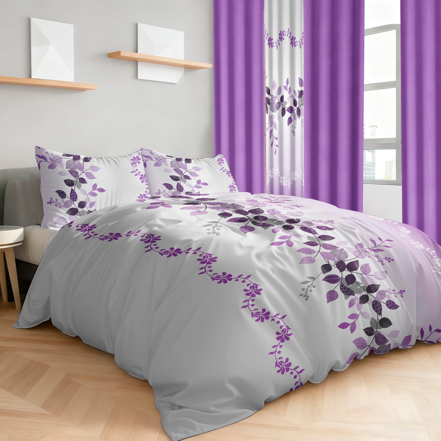 Deepsleep King Bedspread Set 9 Pieces, All Season Luxury Bed in a Bag for Bedroom, with 2 Pillowcases and 6 Curtains, Ultra-Soft Microfiber for Complete Bedroom Decor, Purple Flower