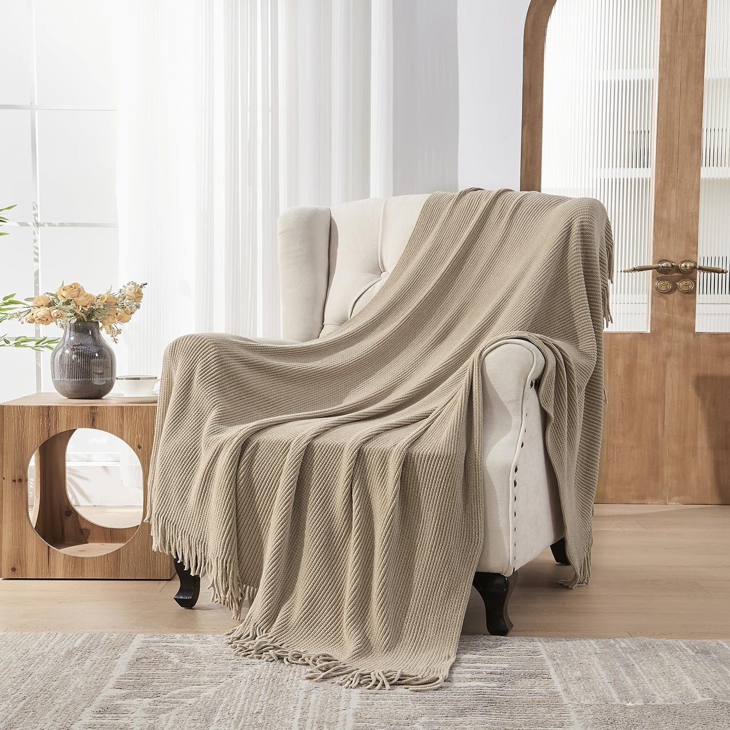 lifein Throw Blanket for Couch, Soft Boho Decor Bed Throw,Cozy Beige Knitted Chenille Small Farmhouse Lightweight Throw(Beige,50 * 60")