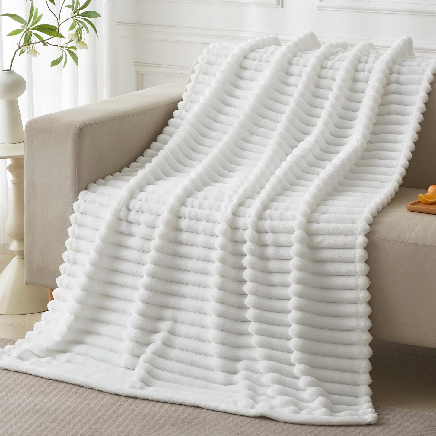 COZYXWORLD 380GSM Heavyweight Ribbed Textured Fleece Blanket, 60x80 Substantial Weight Warm Bed Blankets, Neutral Aesthetic White 60x80 Inches