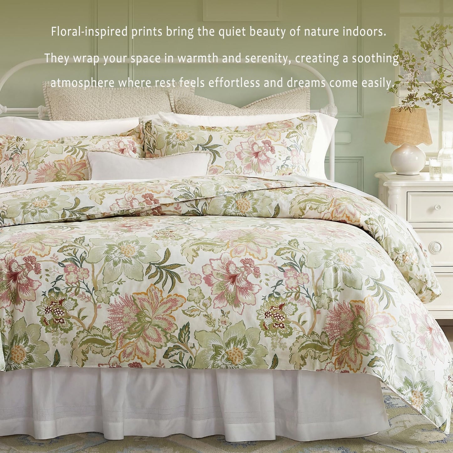 Bedorm 100% Cotton Duvet Cover Set Botanical Floral Bedding Queen Pink Flower Green Leaf French Country Bedroom Decor Soft & Durable Duvet Cover with Zipper Closure and Corner Ties