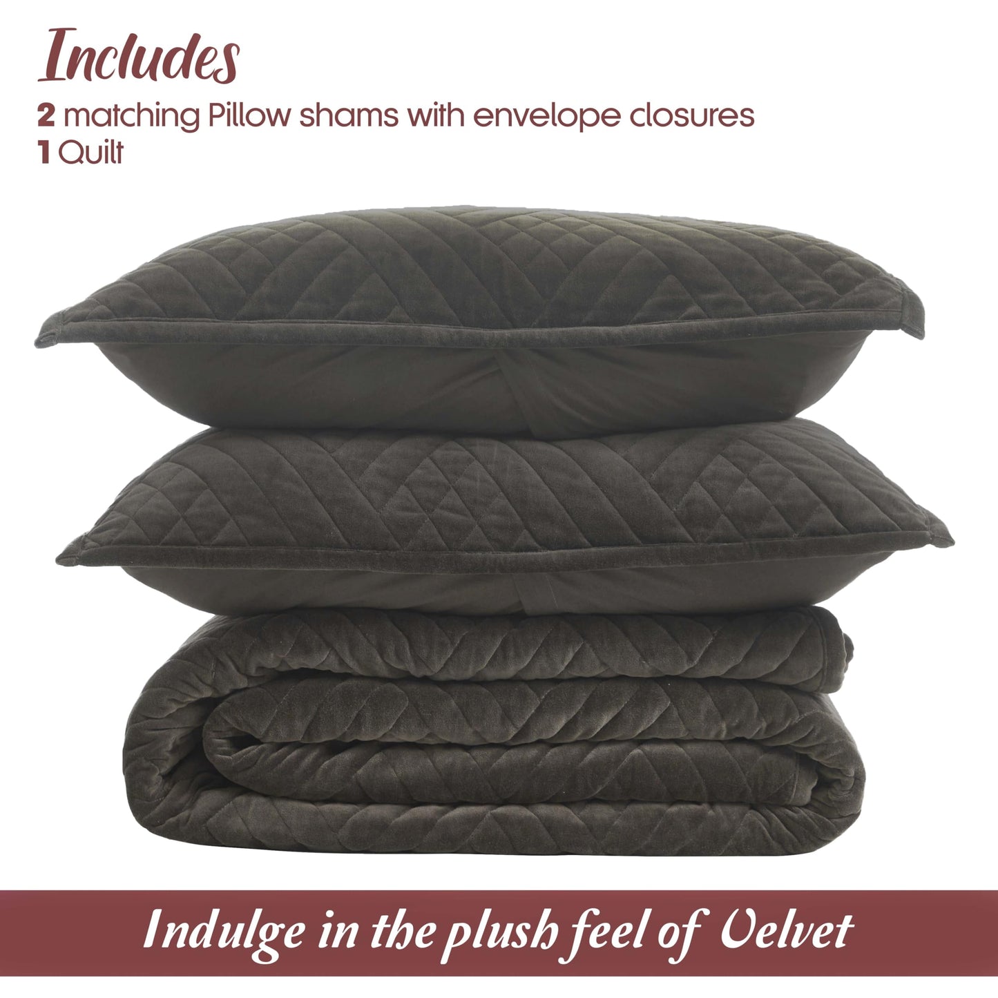 Superior 100% Cotton Velvet 3-Piece Quilt Set, 1 Lightweight Breathable Coverlet, 2 Pillow Shams, Comfy Home Essential Bedding, Cotton Fill, Geometric Aesthetic, Karina Collection, King Size, Grey
