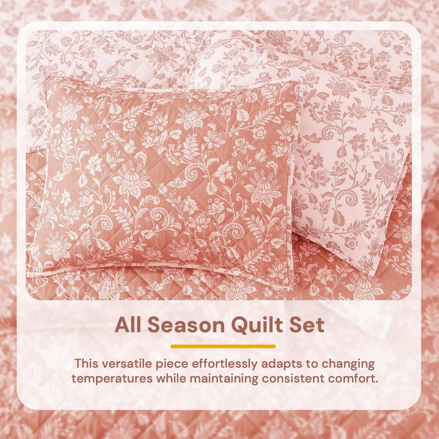 BLOOMHAVEN Quilt Set King Size, Clay Pink Floral Quilt Sets, Reversible Bedspread Lightweight and Breathable for All Seasons, Soft Quilted Bedspread with 2 Pillow Shams