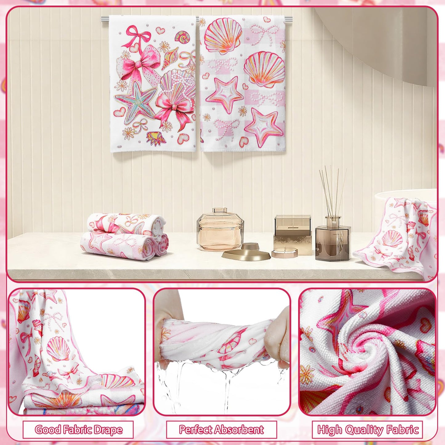 Tatuo 8 Pcs Beach Shower Curtain Set Blue Bow Ocean Summer Beach Party Bathroom Accessories Sets Coquette Starfish Coastal Waterproof Shower Curtain with Towels Carpet Bath Mat Toilet Rugs 12 Hooks