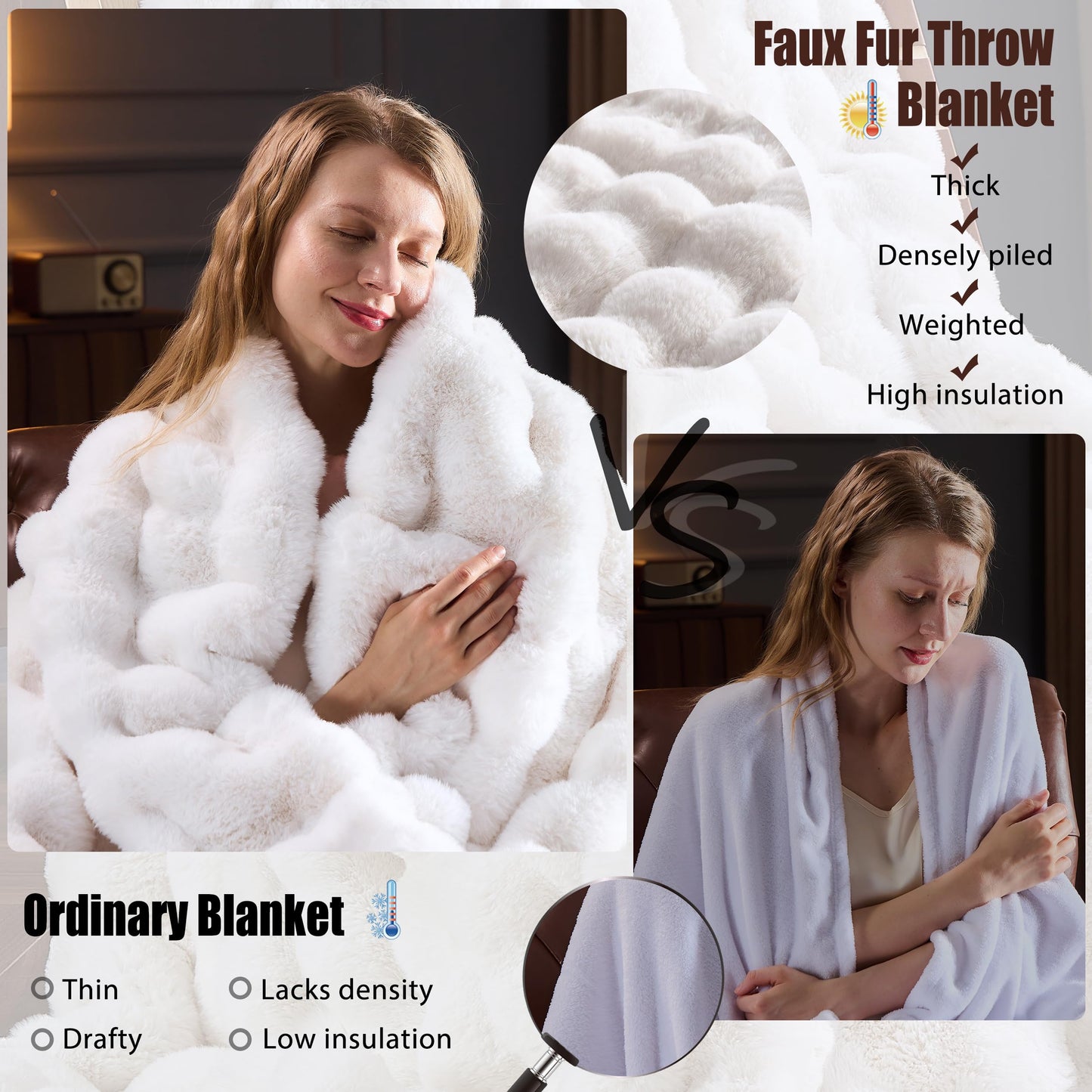 PLUUSHUU Faux Fur Throw Blanket for Couch, Fluffy Fuzzy Plush Bubble Blanket, Soft Warm Cozy Shaggy Rabbit Blanket, Luxury Decorative Gifts for Sofa Bedroom Living Room, 60x50inch (Beige)