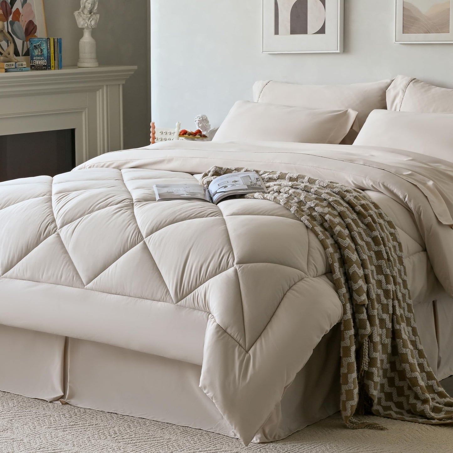 Newspin Full Comforter Set Beige - Bed in a Bag Full Size 8 Pieces, All Season Bed Set, Fluffy Comforter Set with Sheets, Sheet Set Quilt Blanket, Pillowcases & Shams & Bed Skirt