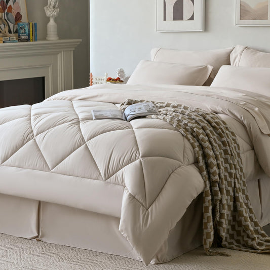 Newspin Full Comforter Set Beige - Bed in a Bag Full Size 8 Pieces, All Season Bed Set, Fluffy Comforter Set with Sheets, Sheet Set Quilt Blanket, Pillowcases & Shams & Bed Skirt
