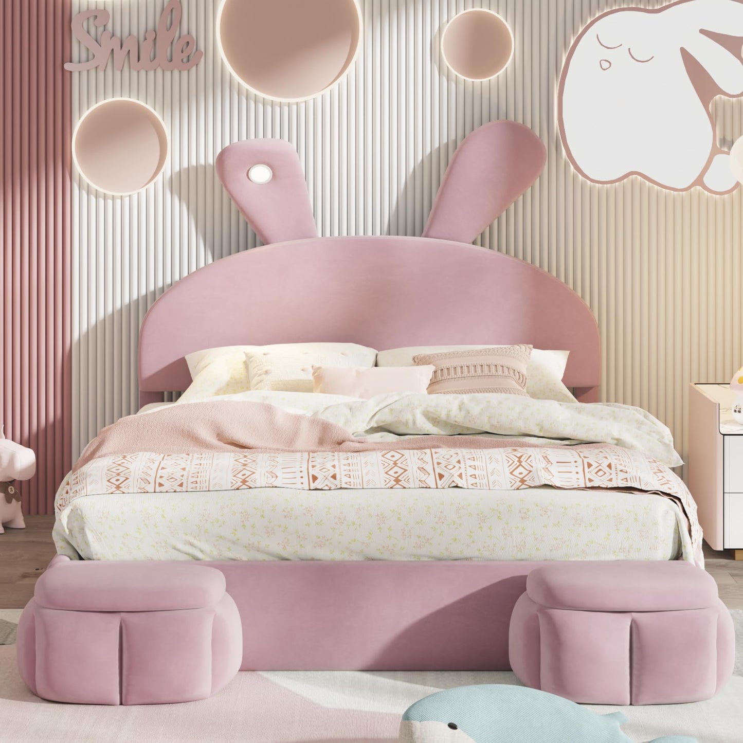 Merax Full Size Upholstered Platform Bed, with 2 Storage Stools, Cute Cartoon Ears Shaped Headboard, with a LED Light, Pink