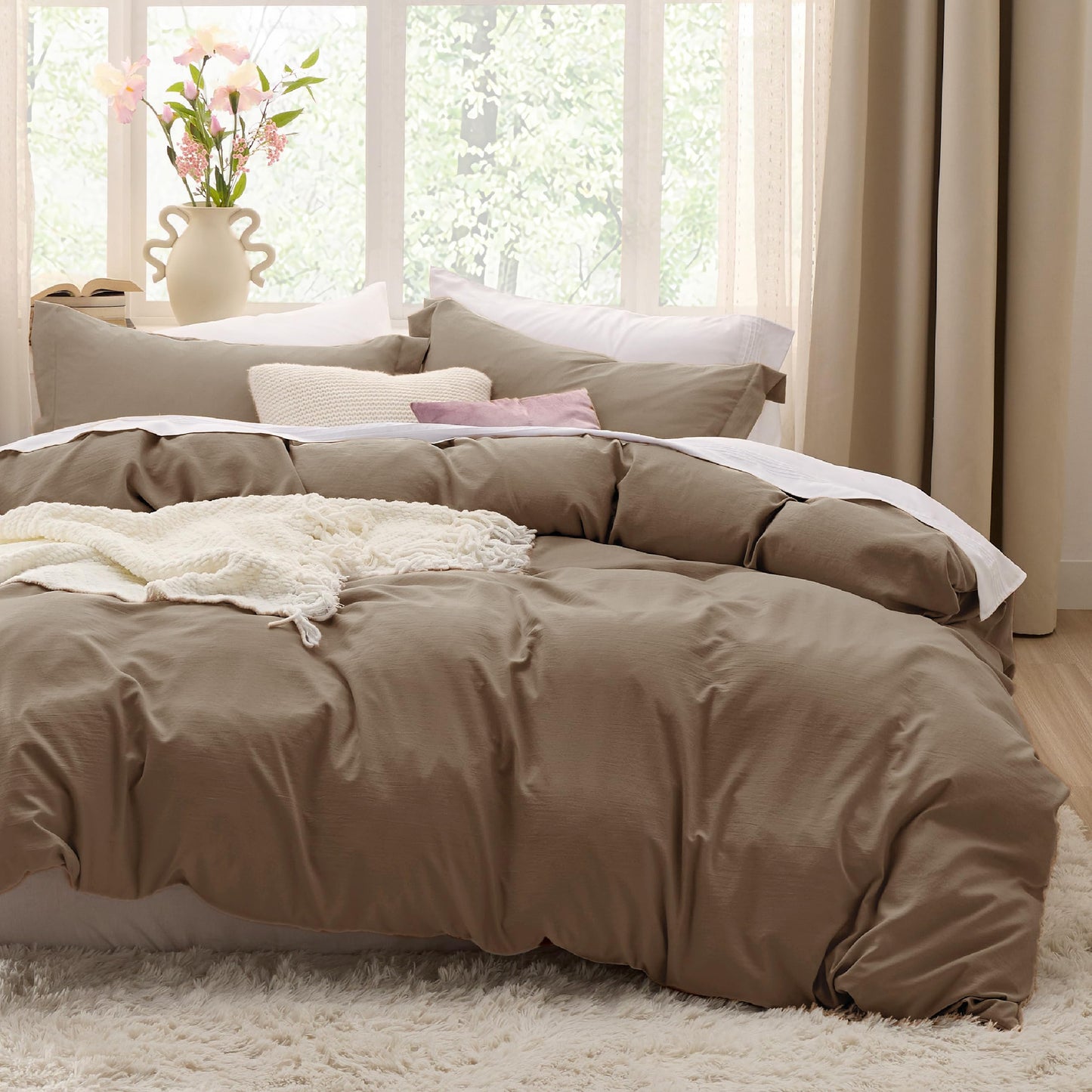 Bedsure Brown Duvet Cover Queen Size - 3 Pieces Prewashed Cotton-Like Polyester Extra Soft Bedding Set, Includes 1 Duvet Cover 90x90 Inches with Zipper Closure & 2 Pillow Shams, No Comforter
