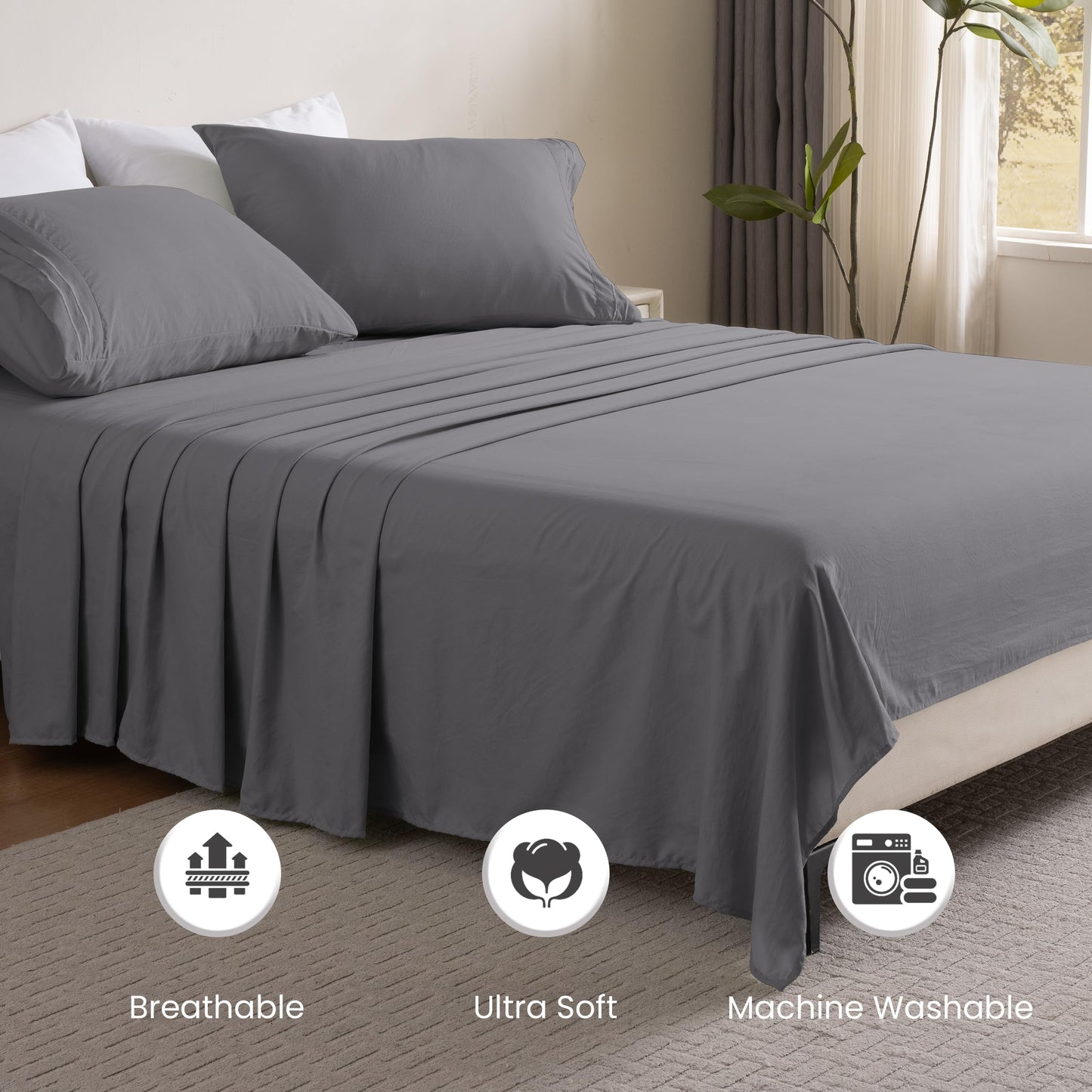 Ranunculus 3 Piece Washed Twin Bed Sheet Set, Fitted Sheet Twin Size & Bedsheet & Pillowcase, Soft Brushed Microfiber - 16 inches Deep Pocket, Breathable, Fade Resistant,Easy Care (Dark Grey,Twin)