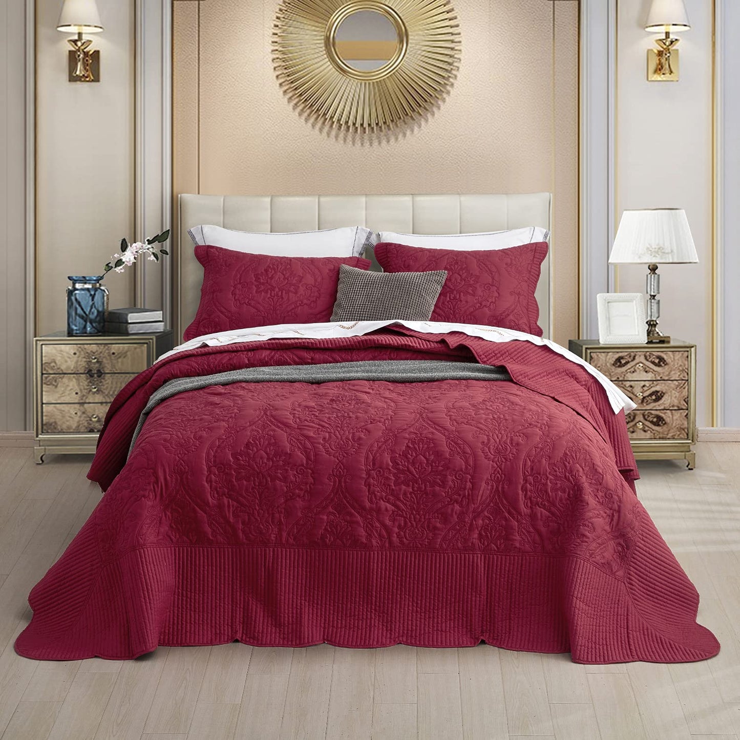 CHIXIN Oversized Bedspread Coverlet Set King Size - Lightweight Bedding Cover - Beautiful Stitching - 5 Piece Reversible Bedspread - Gorgeous Damask Paisley Pattern (King, Wine Red)