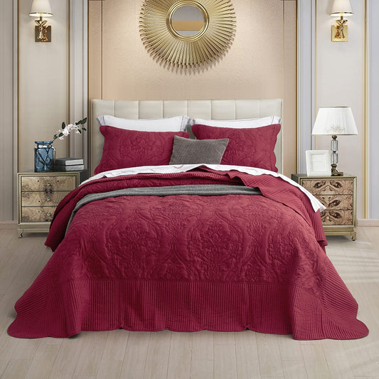 CHIXIN Oversized Bedspread Coverlet Set King Size - Lightweight Bedding Cover - Beautiful Stitching - 5 Piece Reversible Bedspread - Gorgeous Damask Paisley Pattern (King, Wine Red)