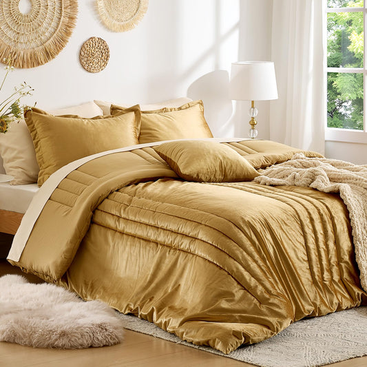 MUSSEL Bedding Comforter Set Queen Size 3 Pieces-Luxury Shiny Gold Striped Lightweight Bedroom Comforter Queen Size,Soft Velvet Bed Set with 2 Shams