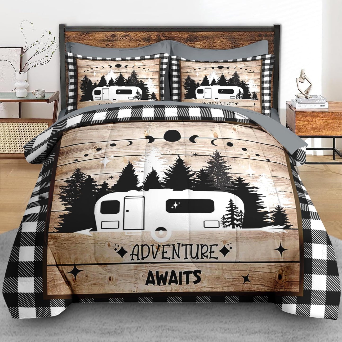 Pamnest Comforter Set Full Size, Camping Camper Rv 7 Pcs Bedding for Kids and Adults, Car Family Bed Sheet Sets with Fitted Sheet 2 Pillowcases & 2 Shams for Bedroom Bed Decor