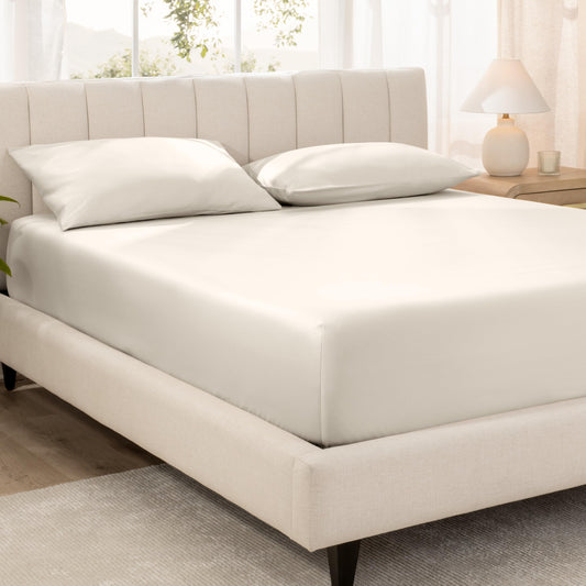 Bare Home 100% Organic Cotton Sateen Fitted Sheet - 400 Thread Count - Smooth Sateen Weave - Breathable & Cooling - Hotel Luxury - Durable Fitted Sheet - Deep Pocket (King, French Beige)