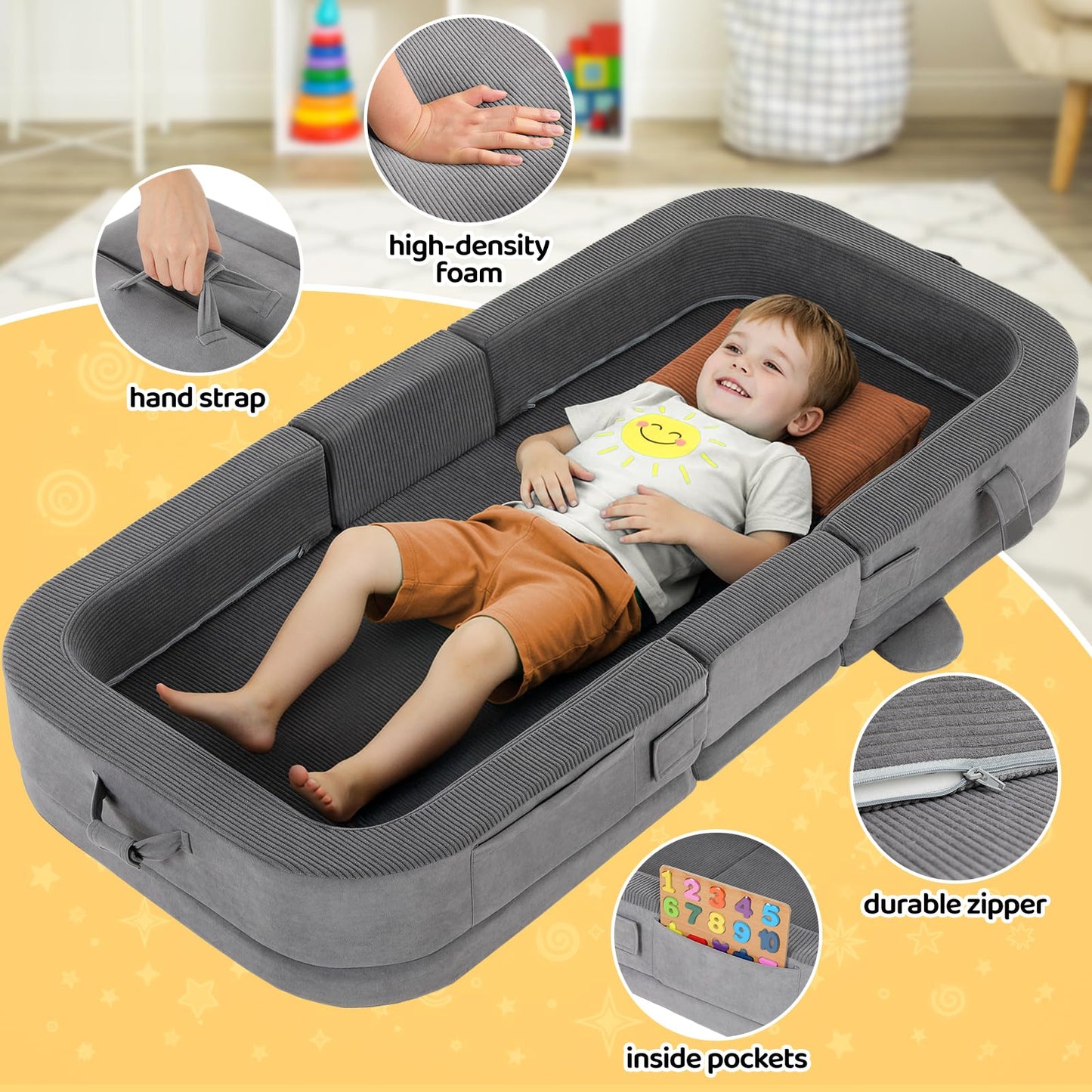 MAMIZO Toddler Travel Bed, Portable Toddler Bed with High Density Foam for Baby and Kids, Washable Cover Travel Crib with Safety Rail for Home, Hotel, Family Visits and Camping, DreamyBear