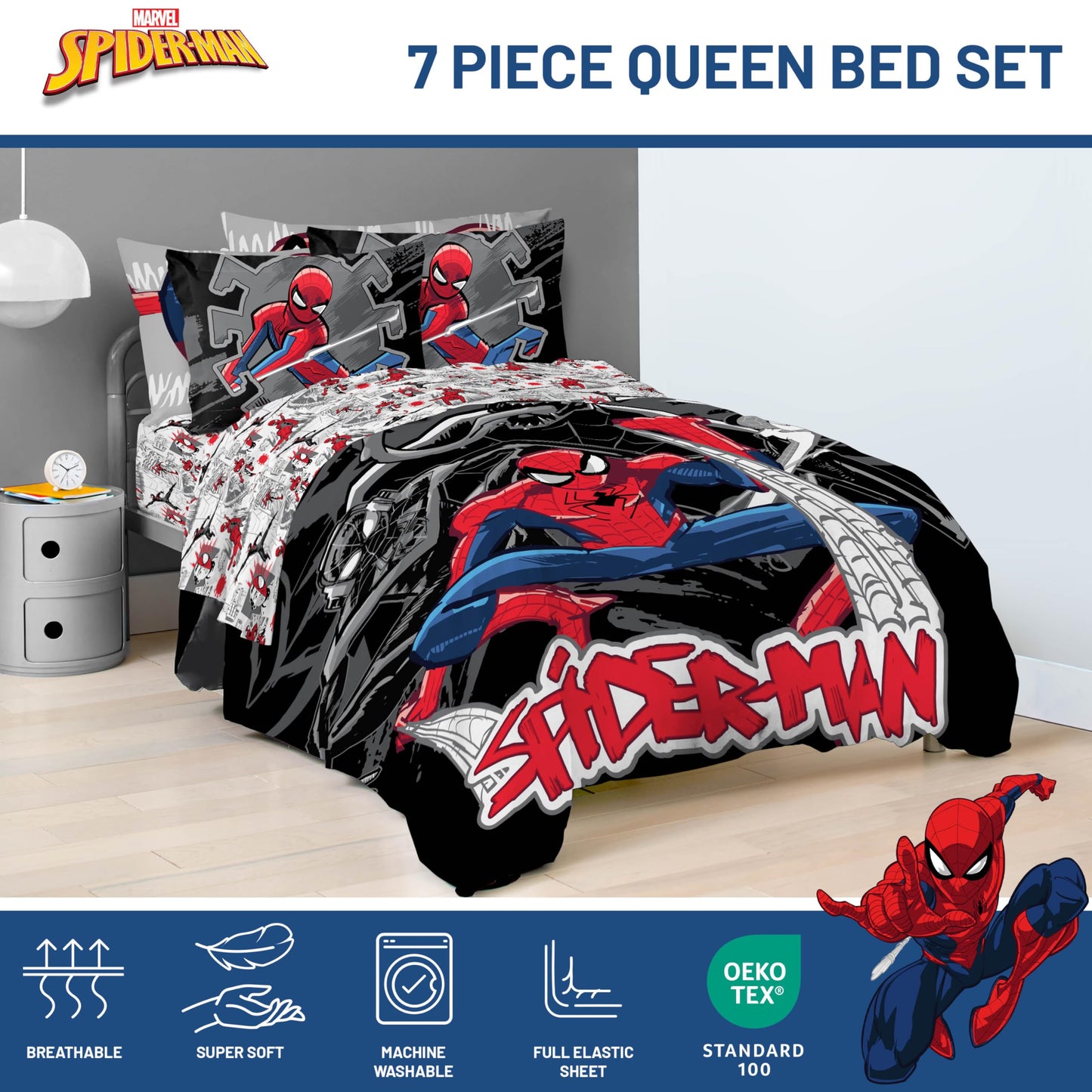 Jay Franco Kids Bed Set, Black, Spiderman, 7 Piece Queen