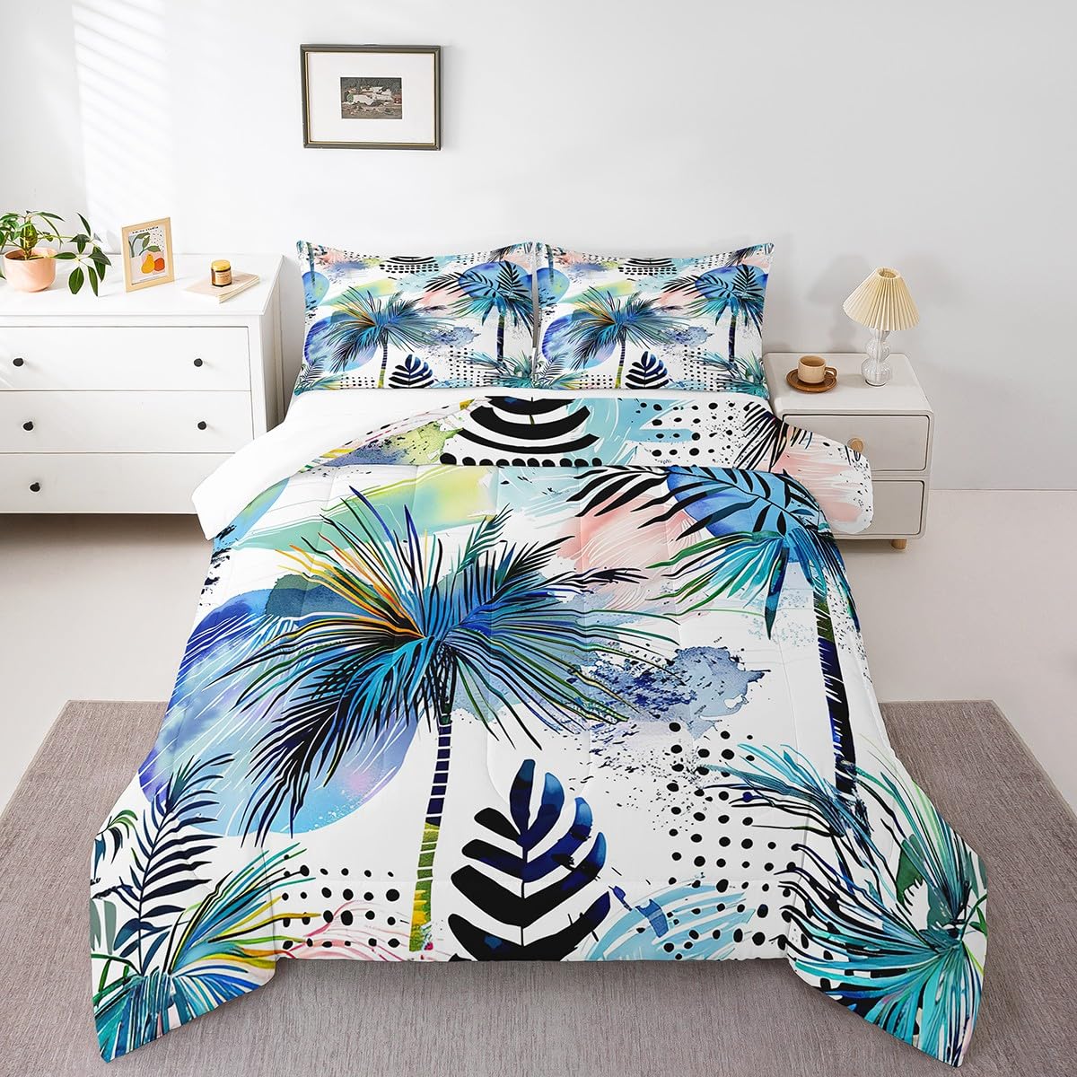 Manfei Kids Tropical Comforter Set Twin Size Palm Tree and Leaves Print Bedding Set 2pcs for Boys Teens Room Decor, Sea Beach Theme Quilt Set Modern Fashion Duvet Set with 1 Pillowcase