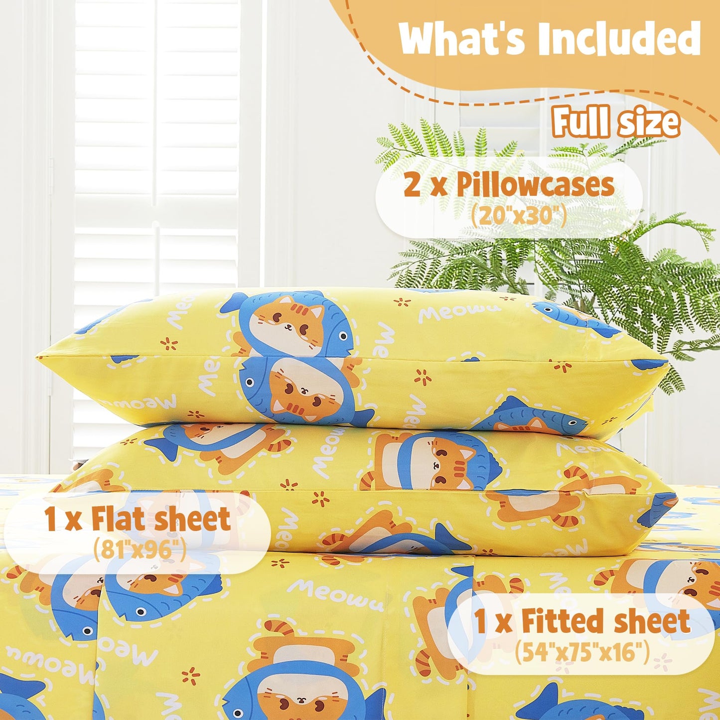CozySmile Full Sheet Set Kids,4 Pieces Breathable Soft Microfiber Bedsheets for Child Boys Girls, Oeko-TEX, Anti Pilling Deep Pockets Easy Care Bed Sheets, Cat Fish