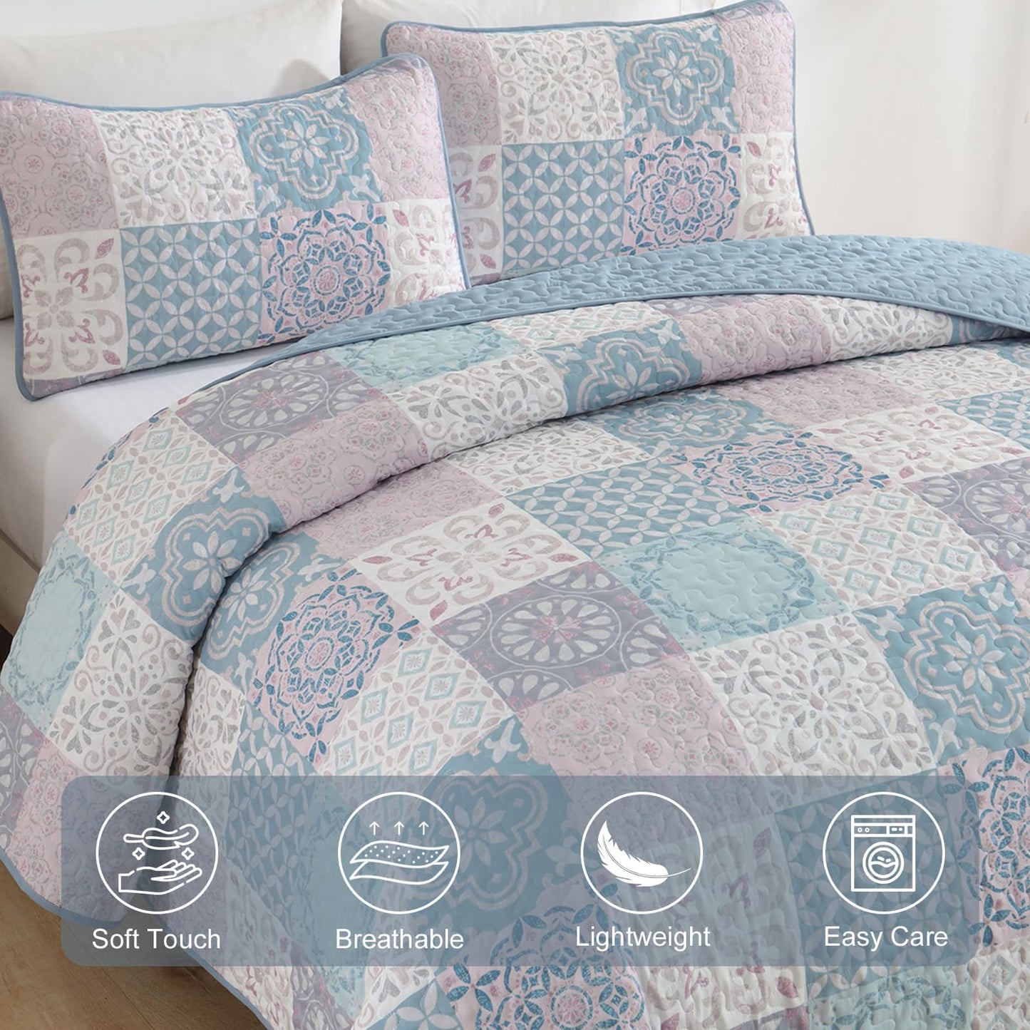 Dobuyly Quilt Set Queen Size, Light Blue/Pink Patchwork Bedspread 3 Pieces, Boho Plaid Summer Coverlet Set, Soft Lightweight Quilt Bedding Set for All Seasons 96"x90"