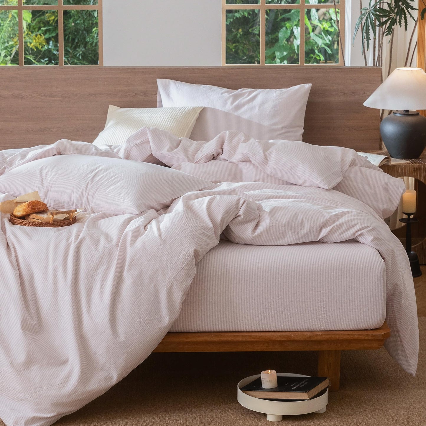MooMee Striped Duvet Cover Set 100% Washed Cotton Linen Like Textured Breathable Durable Soft Comfy (Heathered Greyish Pink Pinstripes, Queen 90"x90")
