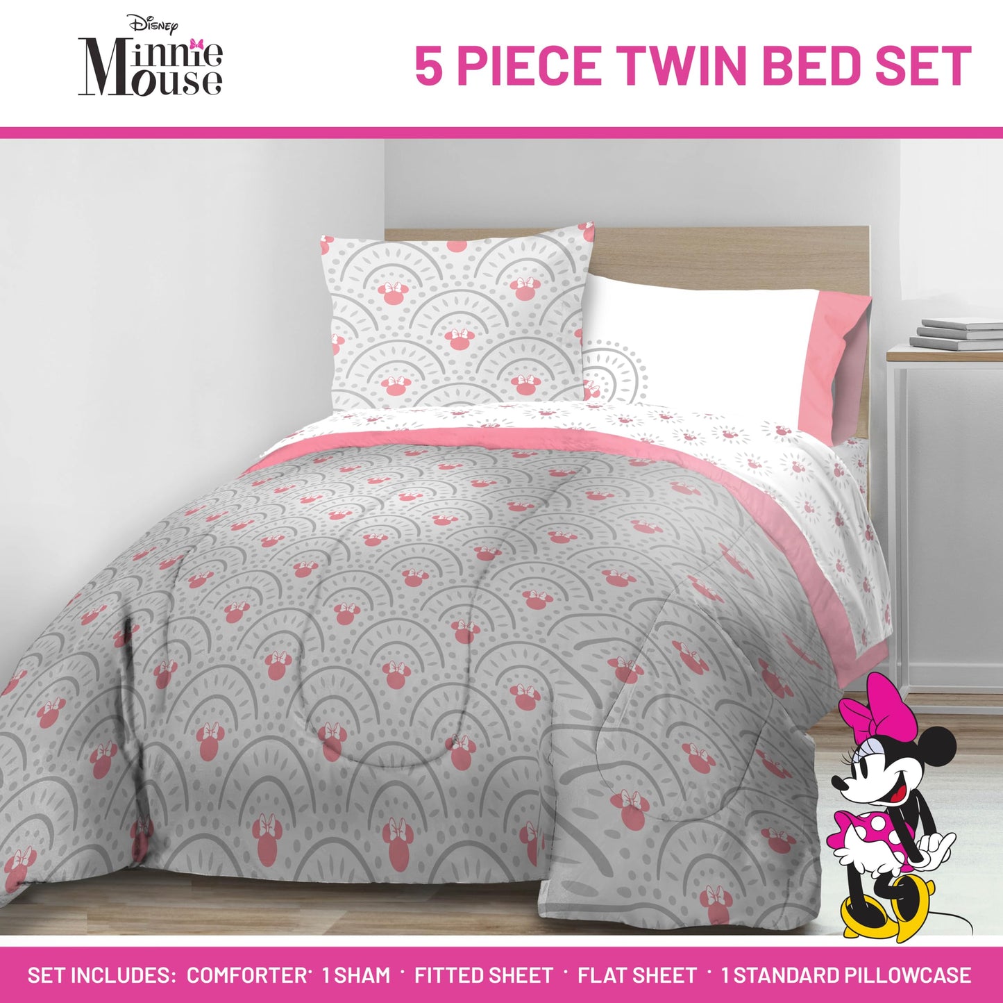 Disney Minnie Mouse Twin Comforter Set - 5 Piece Bedding Includes Sheet Set & Pillow Covers - Super Soft Cozy Pink Mandala Bedding