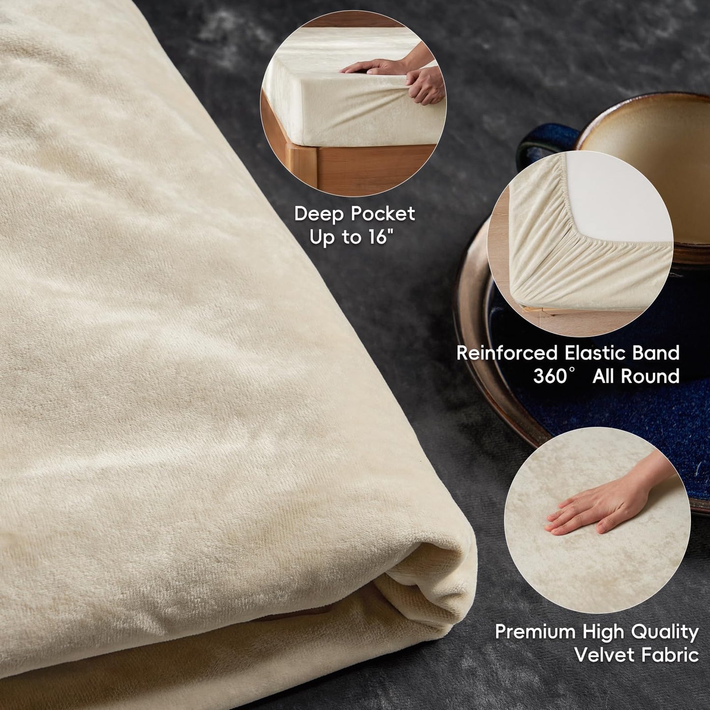 PHF Truly Velvet Fitted Sheet Only Full Size, Luxury Super Soft Cozy Fuzzy Fleece Bottom Sheet, Deep Pocket Up to 16",Strenghth Elastic Band, Suitable for Fall Winter Spring, No Pillowcases, Sand