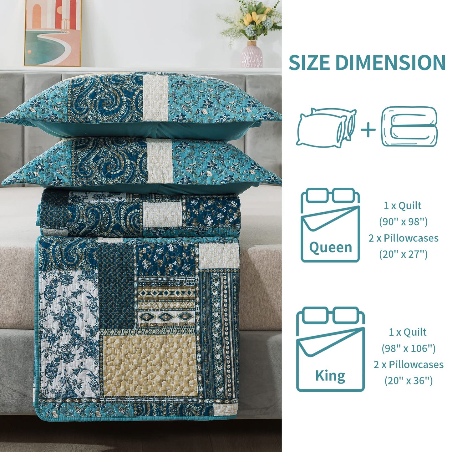 BEDIFANY Cotton Queen Size Quilt Sets, Lightweight Bedspread Queen Size Coverlet Boho Queen Quilt, Soft Farmhouse Queen Quilt Bedding Sets for Bed Decorations for All Seasons (3 Pieces, Blue)