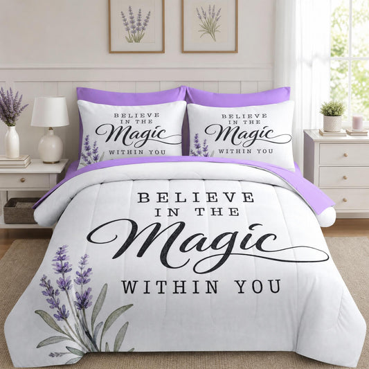 Boewywh Comforter Set Twin Size Motivational Lavender Farmhouse 5 Pcs, Bedding for Kids and Adults, Bed Sheet Sets with Fitted Sheet Pillowcase & Sham for Bedroom Bed Decor