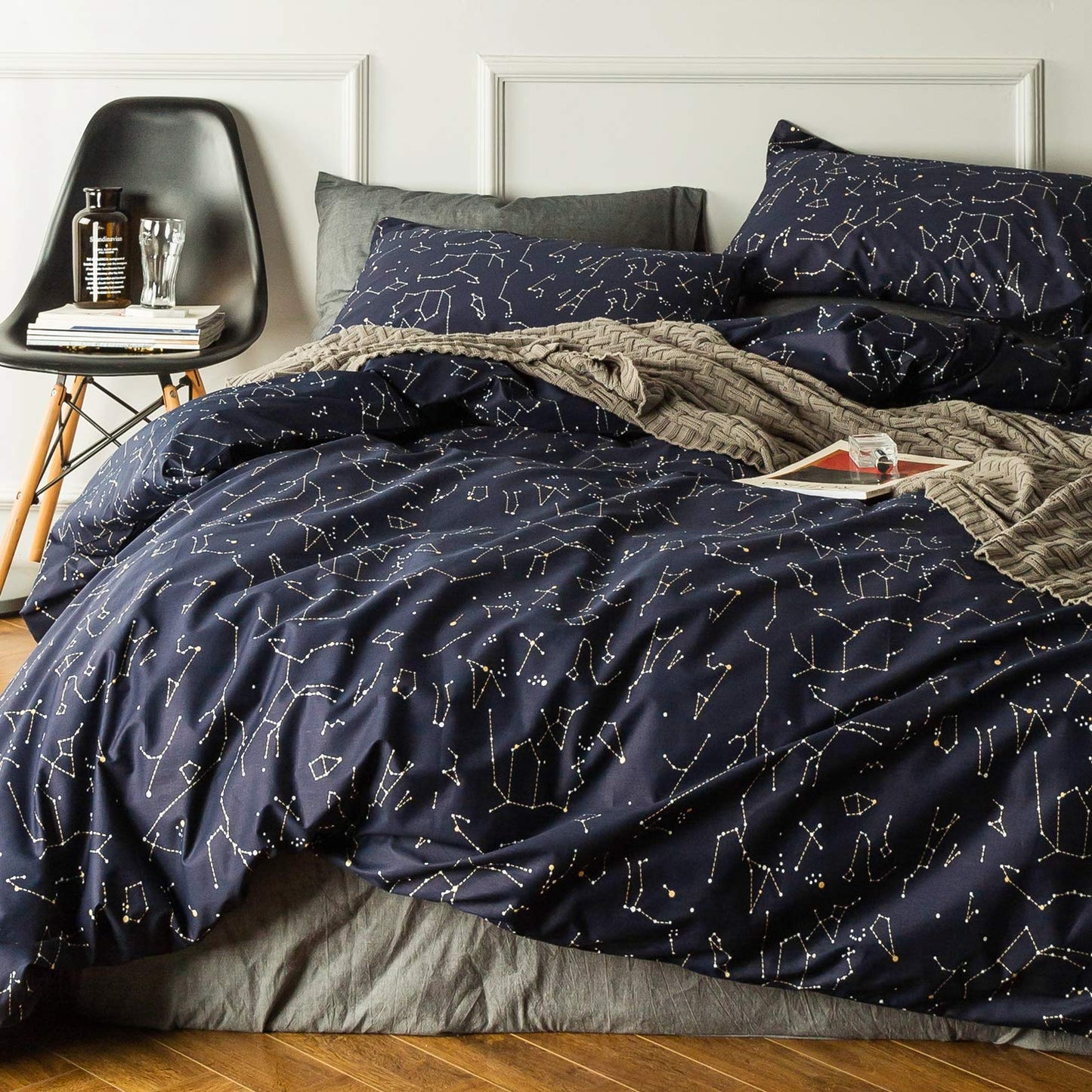 SUSYBAO Constellation Patterned Duvet Cover Queen 100% Cotton Navy Duvet Cover Set 3 Pieces 1 Navy Blue Galaxy Space Duvet Cover with Zipper Ties 2 Pillow Cases Luxury Soft Constellation Bedding Set