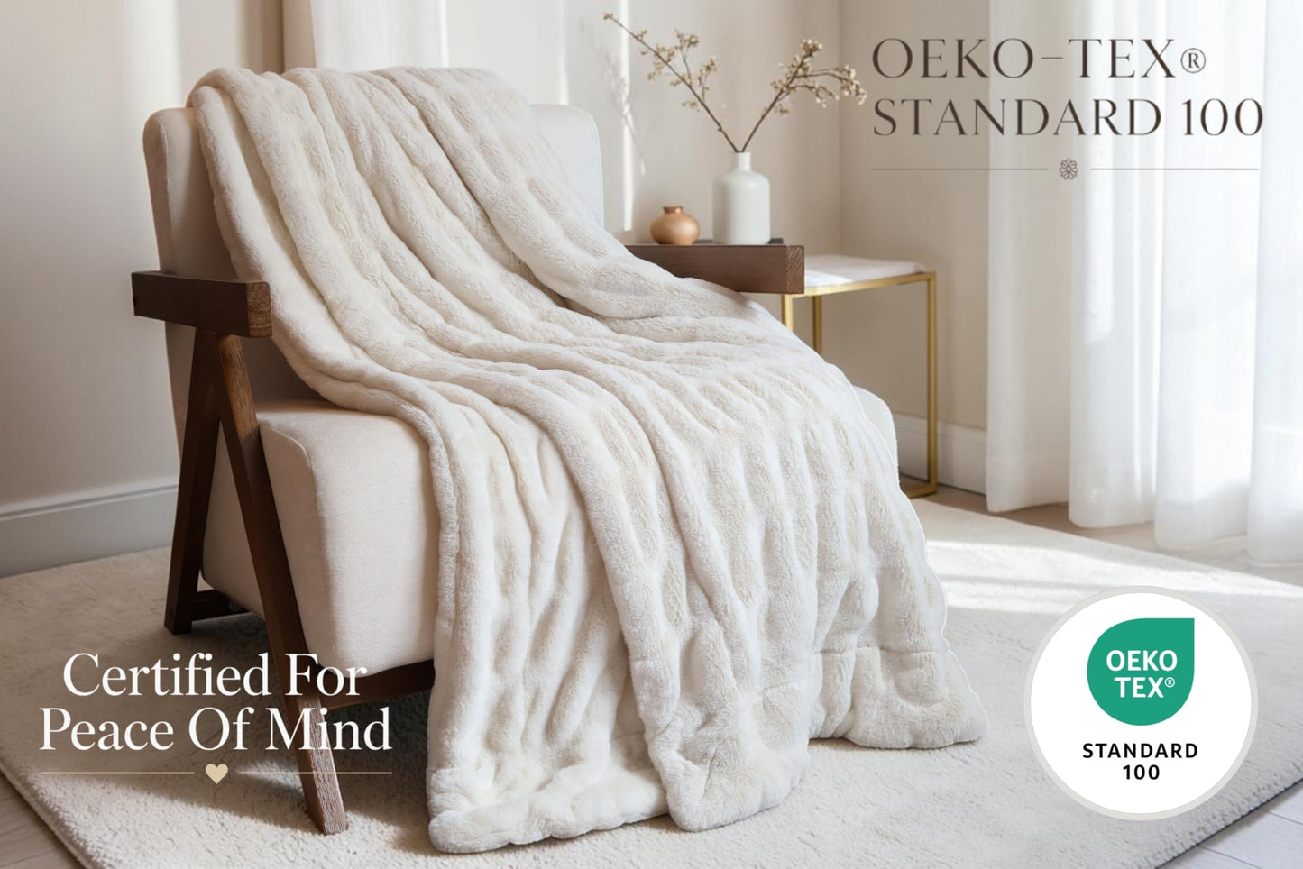 Raelee Luxury Faux Rabbit Fur Throw Blanket, Ultra Soft Double Sided Fluffy Plush Throw for Couch, Bed, Chair, Thick Warm Cozy Decorative Bubble Throw Blanket, Ivory White, 50x60