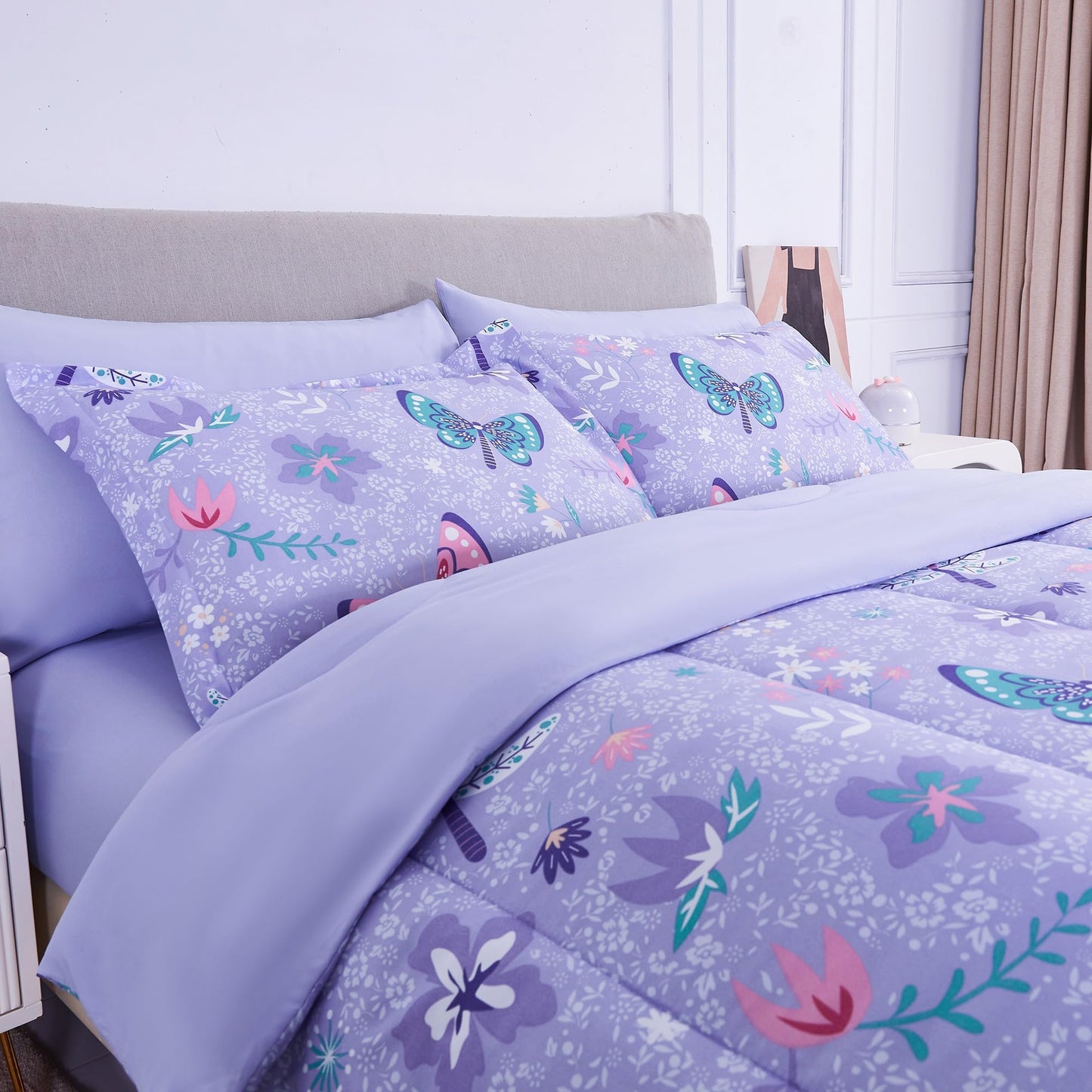Mooreeke Kids Twin Comforter Sets for Girls 6 Pieces Butterfly Purple Bedding Set for Teens Soft Microfiber Kids Bed in A Bag with Comforter, Sheet Set, Shams and Decorative Toy Pillow All Season