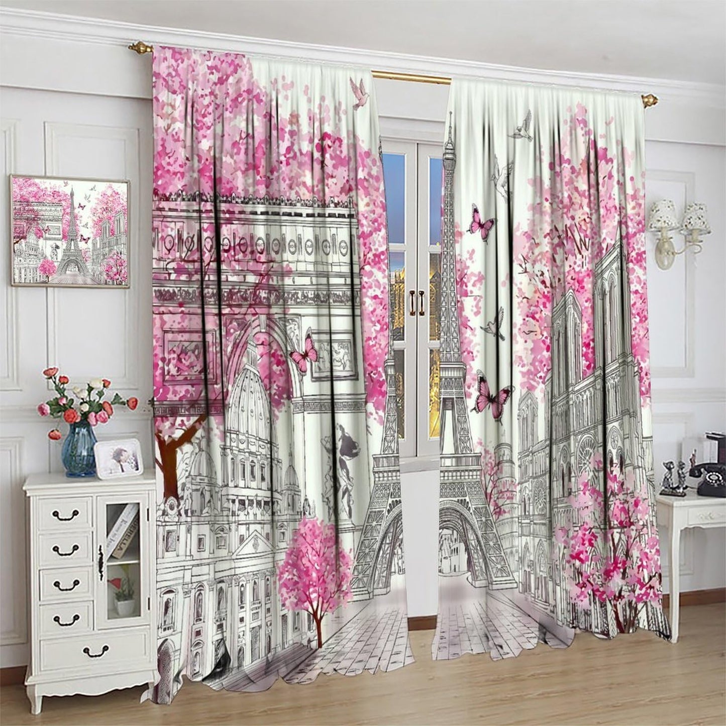 TYVGICZ Pink Paris Modern Curtains, Landscape Architecture City Scenery Eiffel Tower Landmark Famous Cityscape Romantic Window Treatments for Bedroom Living Room Kitchen Bathroom 2 Panels,42x45 Inch