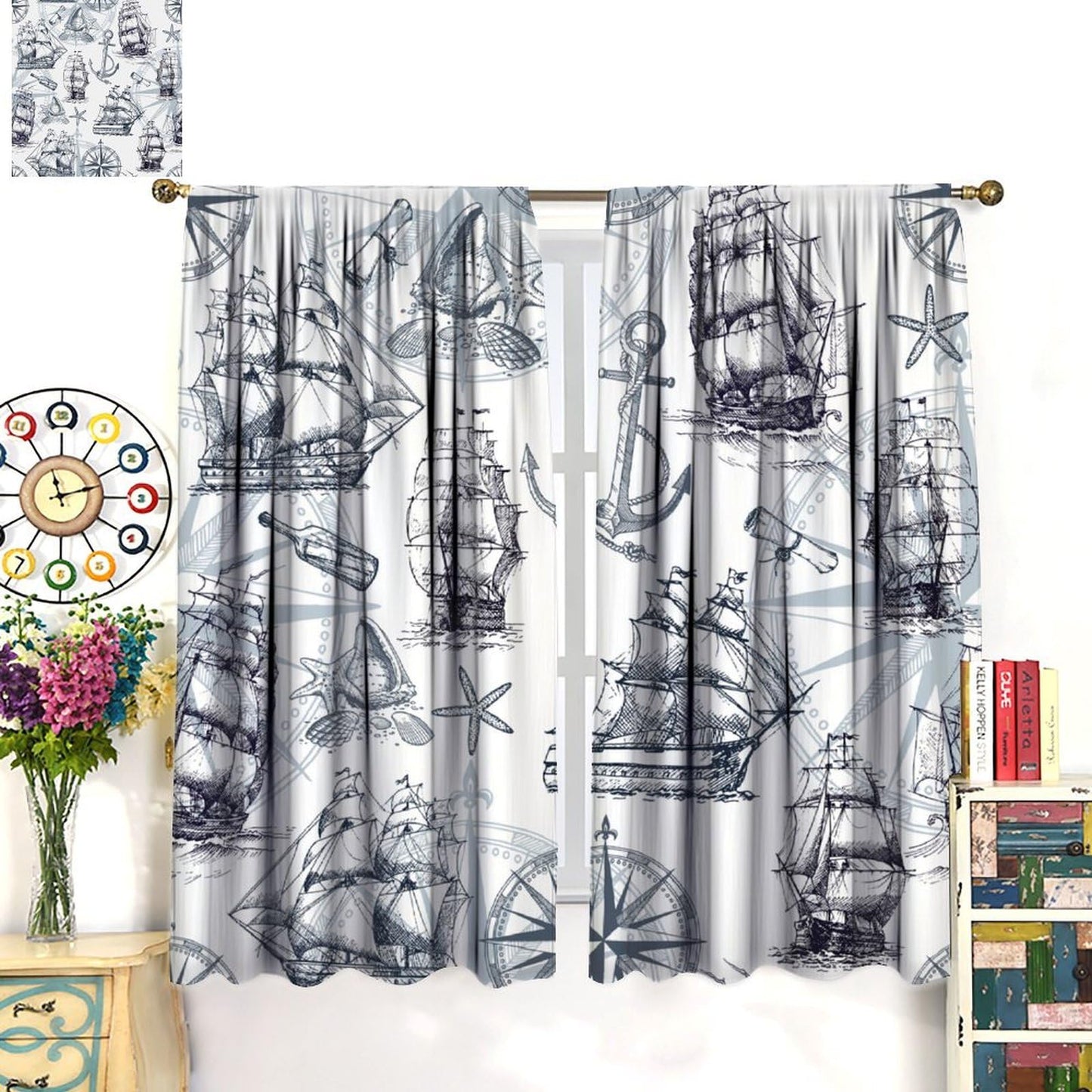 XBDDZSW Nautical Sailboat Map Curtains Sketch Pirate Ship Wheel Compass Starfish Coral Reef Nautical Map Pattern Print Window Drapes for Bedroom Living Room Kitchen Decor,2 Panel Set,42x45 Inch Decor