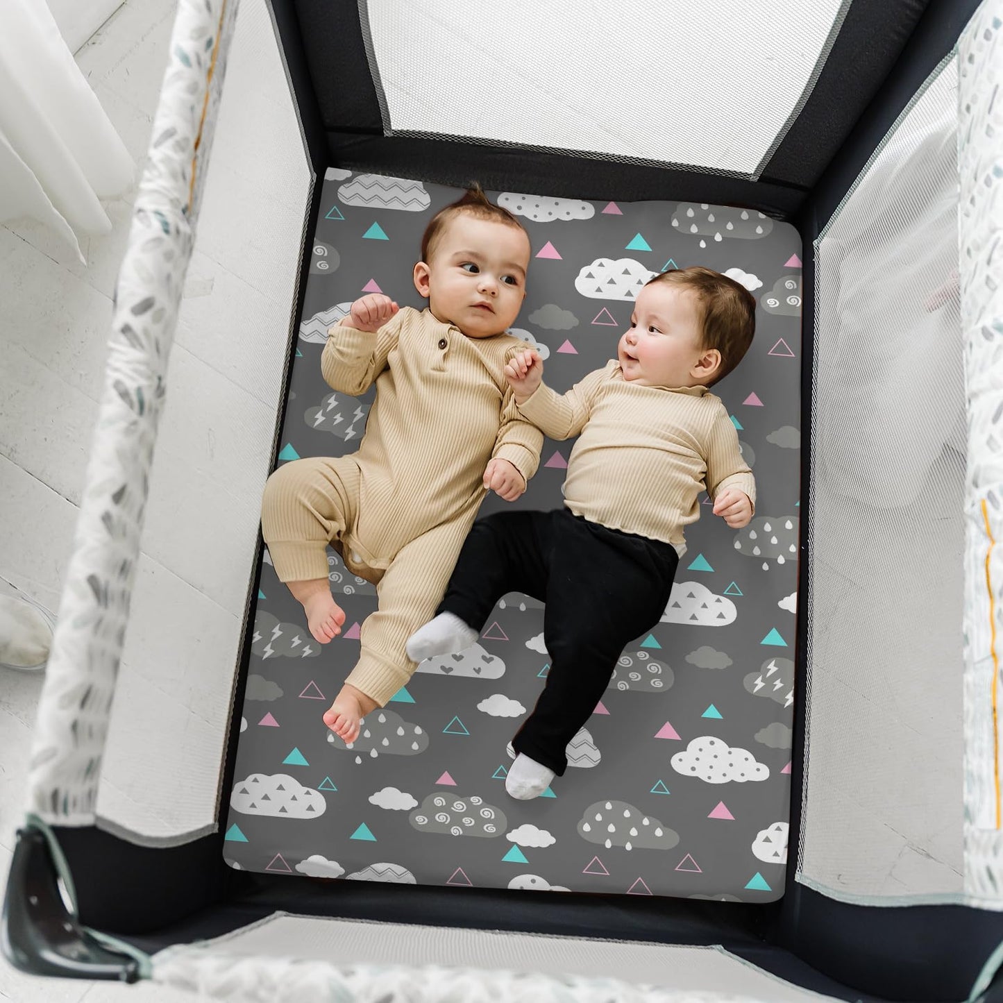 Stretchy Pack and Play Fitted Sheets: 2 Pack Mini Crib Sheets 38x26 - Soft Cozy Material - Fits Most Playards and Travel Playpens, Pack n Play, Nursery Daycare Bedding Essentials, Whale Cloud Print
