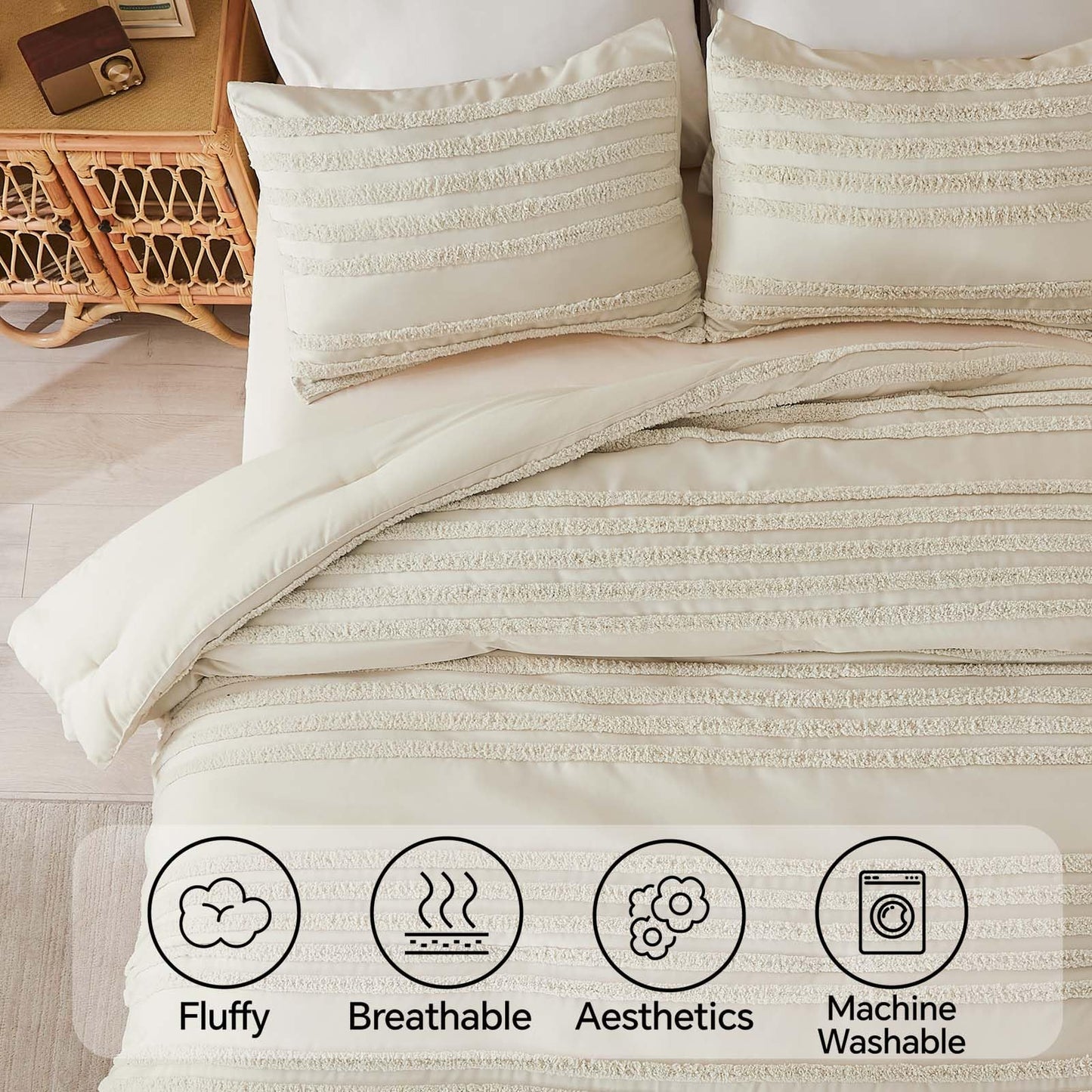 BEDELITE Boho Comforter Set Queen Size, Beige Tufted Boho Bed Set 3 Pieces, Soft & Lightweight Comforter for All Seasons, Jacquard Farmhouse Bedding Set with 2 Pillow Shams